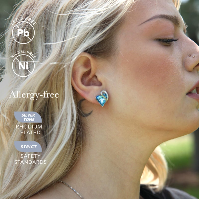Leafael Heart Earrings for Women with Aquamarine Blue Birthstone Crystal for December, Sterling Silver Plated Heart Topaz Turquoise Color Valentine's Day Gifts for Mom, Wife, and Her - Image 2